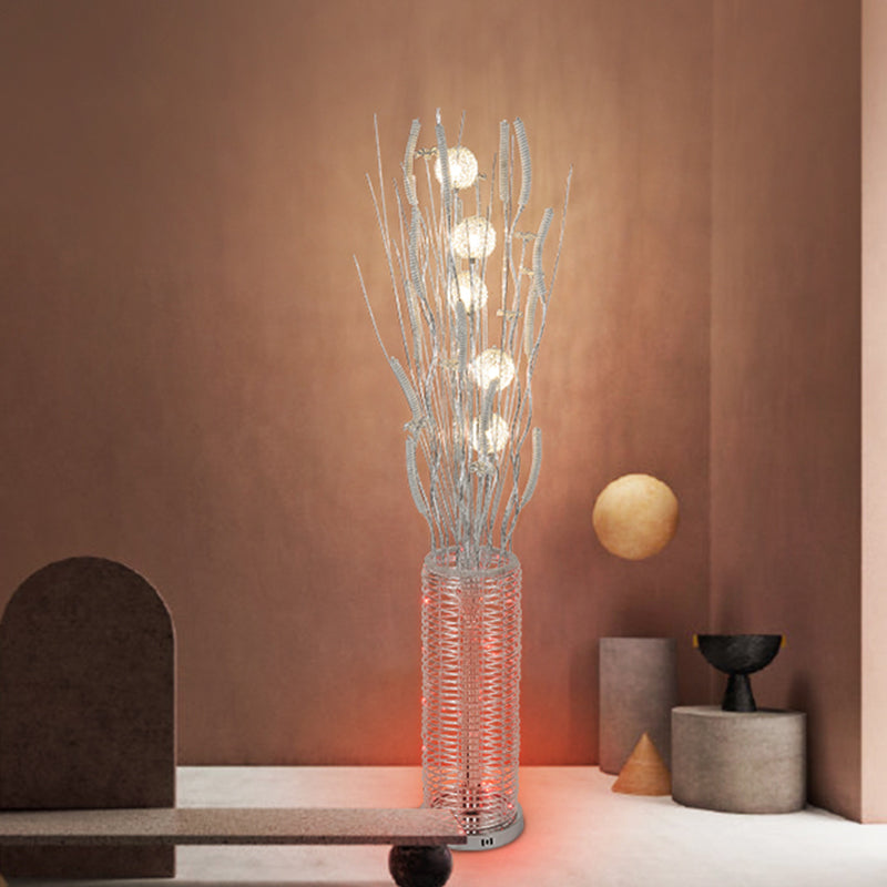 Tree-Shaped Stand-Up Lamp With Led Aluminum Reading Floor Lighting And Flower Decor Silver Finish