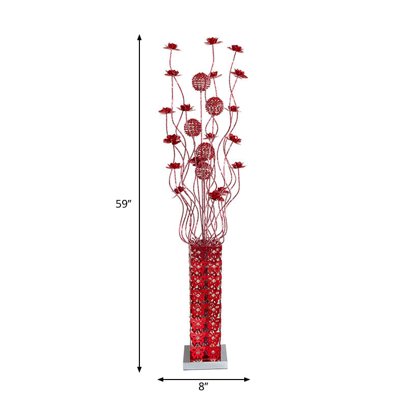 Red Led Flower Décor Floor Lamp - Metal Cuboid Standing Light With Crystal Embellishments