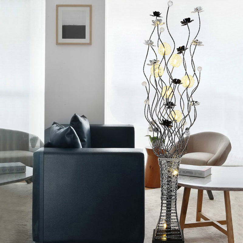 Modern Metallic Tree Branch Floor Lamp With Trapezoid Base In Black/Silver - Decorative Led Reading