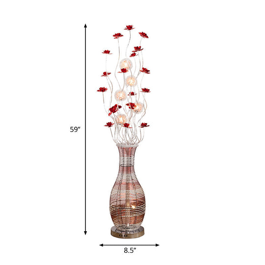 Red Led Tree Floor Lamp With Vase Pedestal - Elegant Aluminum Decorative Reading Light