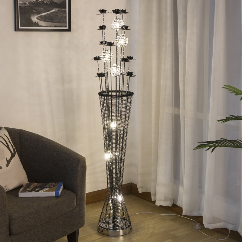 Aluminum Led Standing Lamp- Black-Silver Decorative Tapered Design For Reading With Bloom And Ball