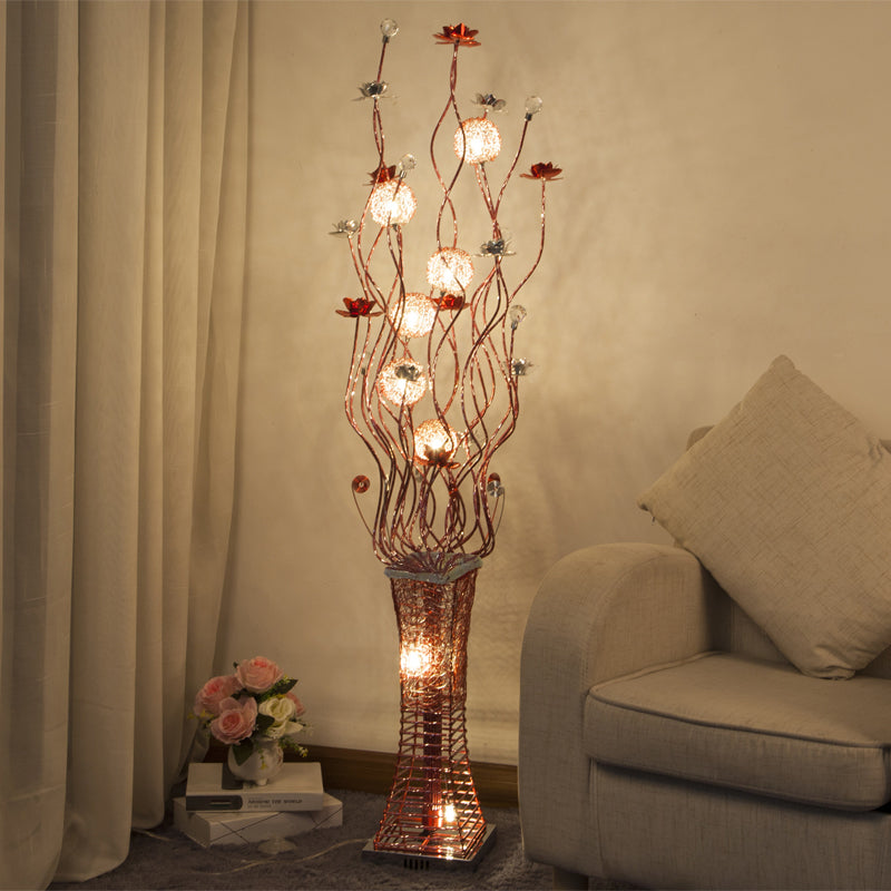 Metallic Red Floret Led Art Decor Floor Lamp With Tree Branch Design