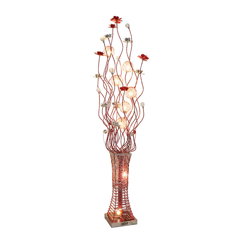 Metallic Red Floret Led Art Decor Floor Lamp With Tree Branch Design