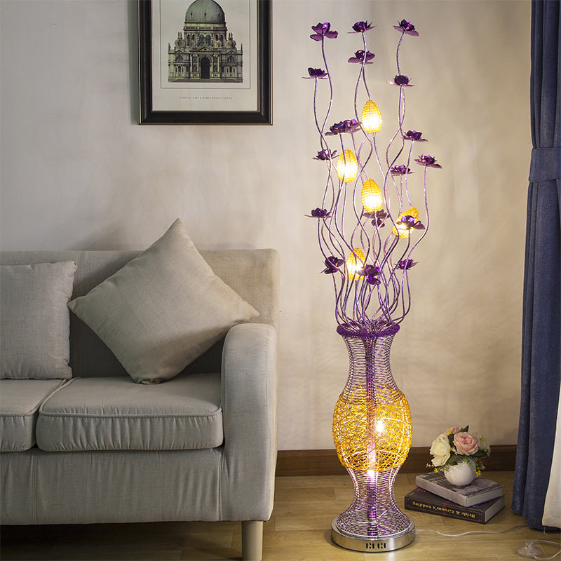 Led Aluminum Bloom Floor Lamp: Decorative Vine Shape With Purple Vase Pedestal - Reading Light