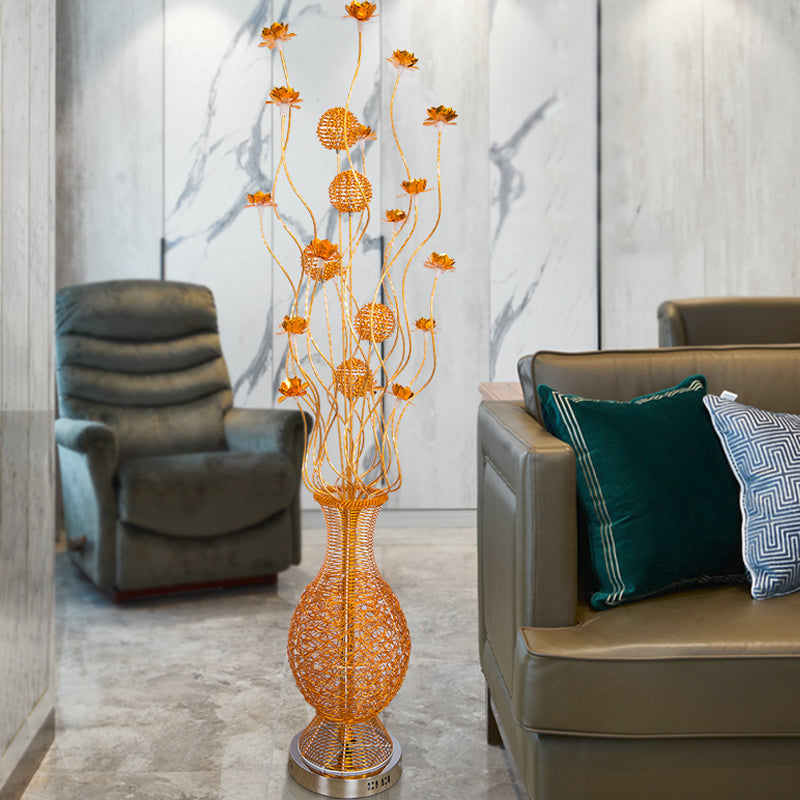 Gold Aluminum Led Oval Twig Floor Lamp With Flower Art Decor