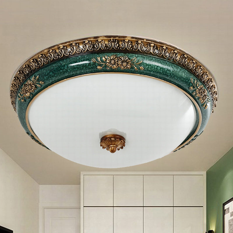Green Led Flush Ceiling Light Fixture With Retro Opal Glass Bowl - Ideal For Bedroom Sizes: