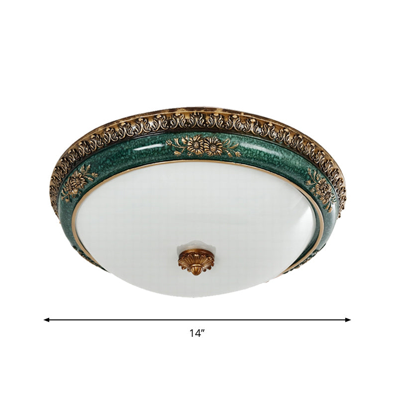 Green Led Flush Ceiling Light Fixture With Retro Opal Glass Bowl - Ideal For Bedroom Sizes: