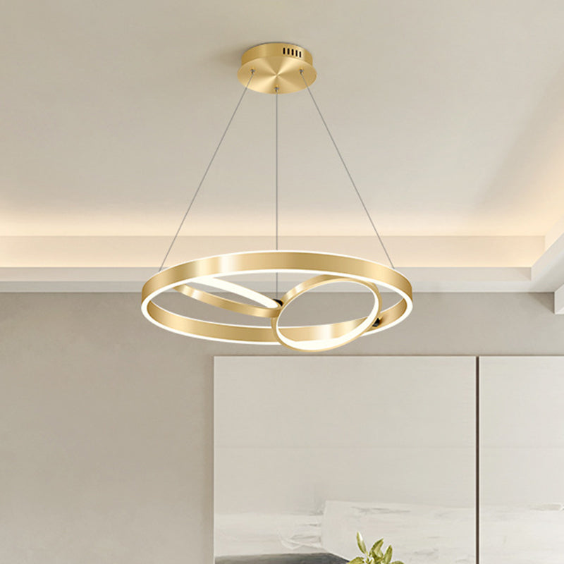 Golden Metallic LED Chandelier Light for Dining Room - Simplicity 3-Ring Ceiling Hang Fixture - Warm/White Light