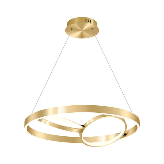 Golden Metallic LED Chandelier Light for Dining Room - Simplicity 3-Ring Ceiling Hang Fixture - Warm/White Light