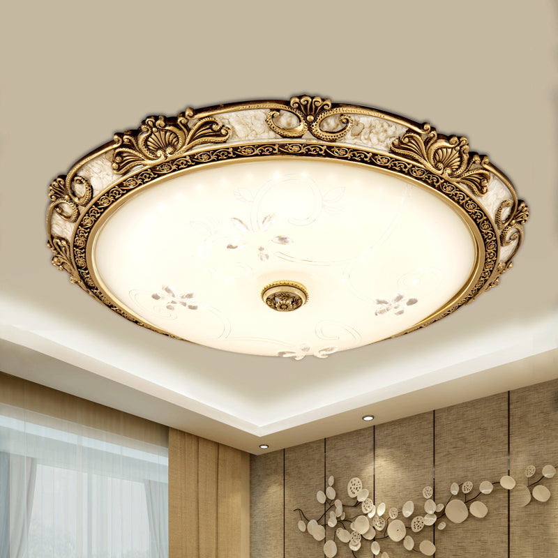 Country-Style Veined Glass Dome Flush Mount Lamp - Led Parlour Ceiling Fixture In Brass With