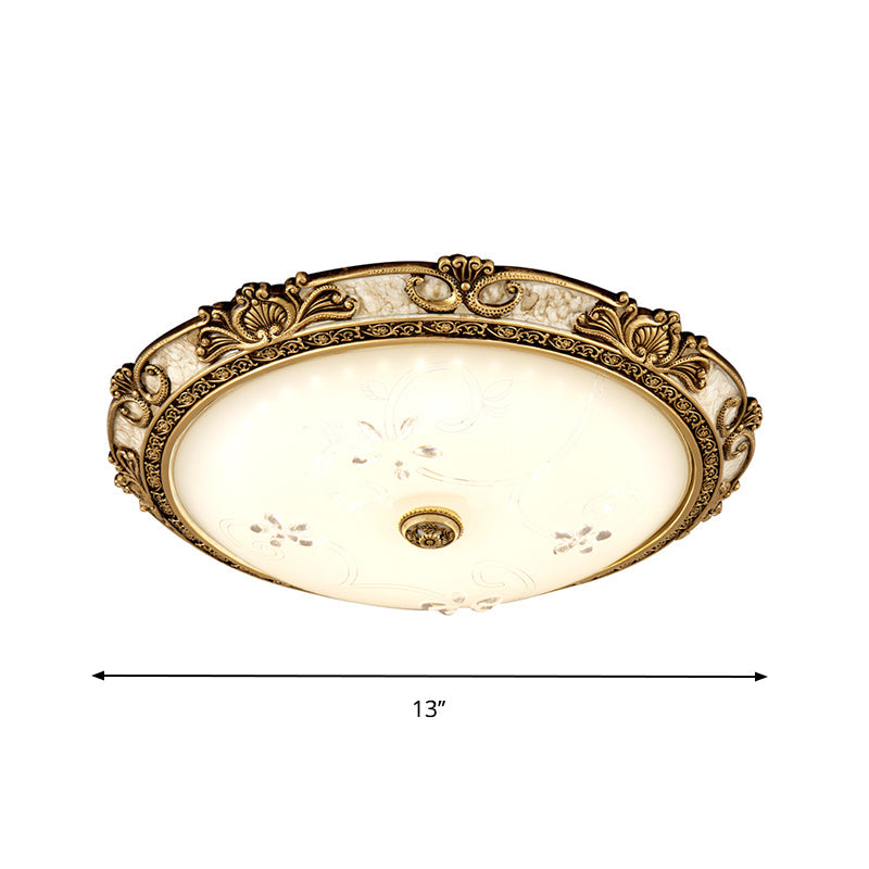 Country-Style Veined Glass Dome Flush Mount Lamp - LED Parlour Ceiling Flush Fixture in Brass with Warm/White Light, Available in 13"/16"/19.5" Widths