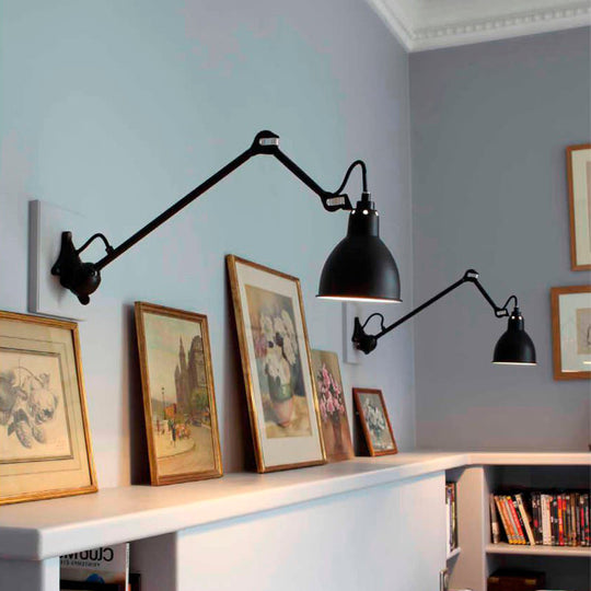 Modern Black/Gray Domed Wall Sconce Light With Adjustable Metallic Arm - 1 Head 23.5+8/16+8 Length