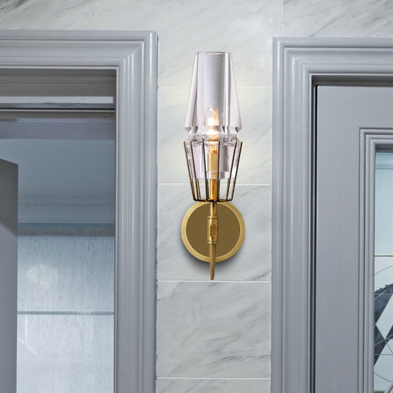 Modern Clear Glass Wall Sconce Tapered Design Gold Finish 1/2 Mount Lights 1 /