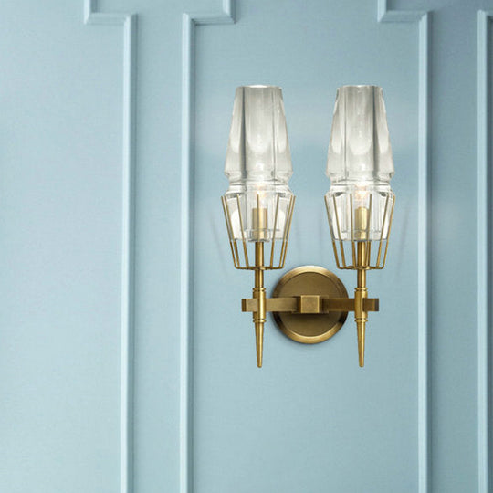 Modern Clear Glass Wall Sconce Tapered Design Gold Finish 1/2 Mount Lights 2 /