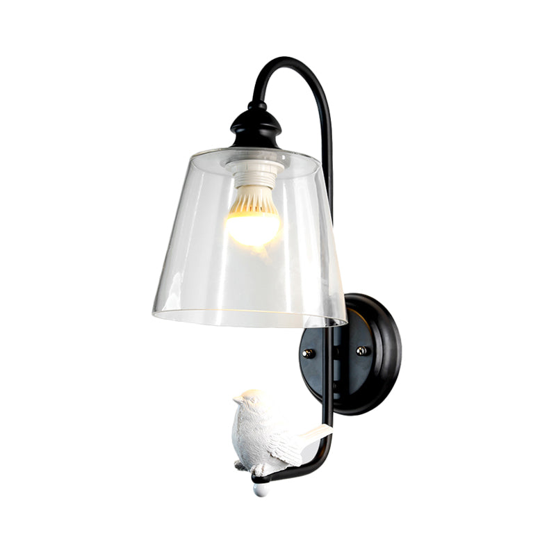 Modernist Clear Glass Cone Wall Lamp - 1 Light White/Black Flush Mount Sconce With White Bird