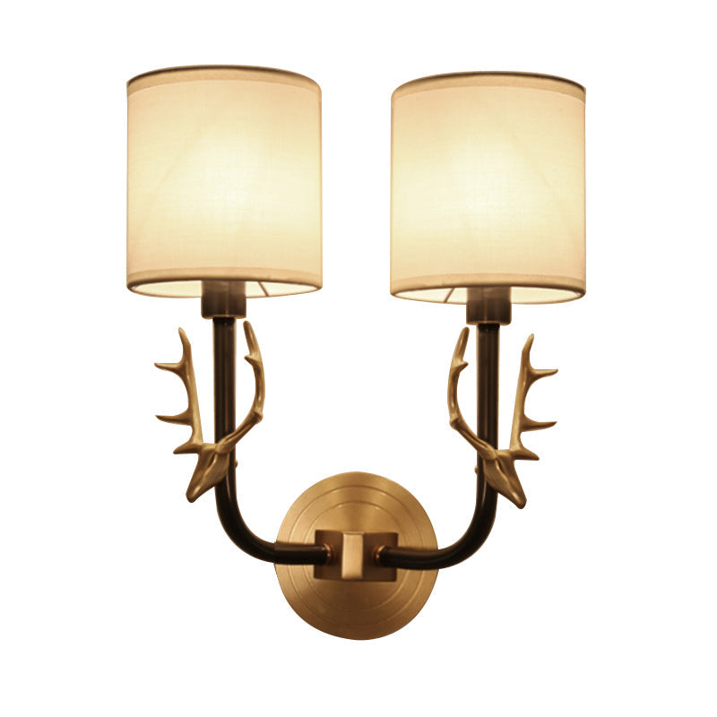 Modern 1/2 Lights Wall Sconce With Fabric Shade - Black/Gold Cylinder Mount Fixture Featuring Metal