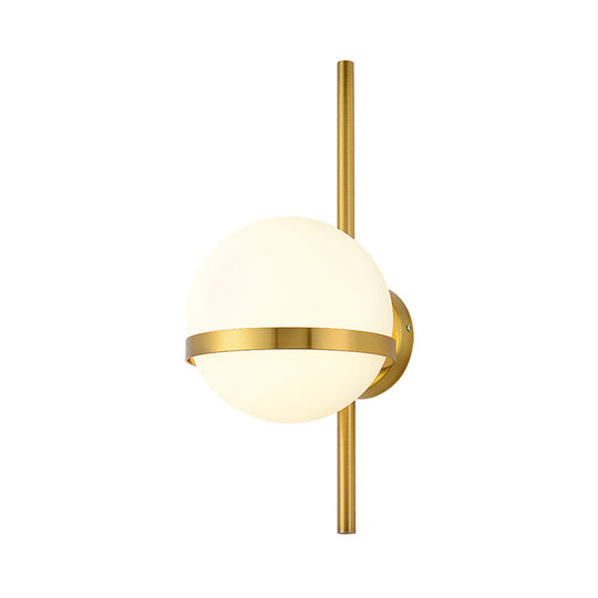 Modern Black/Gold Vertical Wall Sconce With Orbit Opal Glass Shade - 1 Head Metal Lamp 6/8 Width
