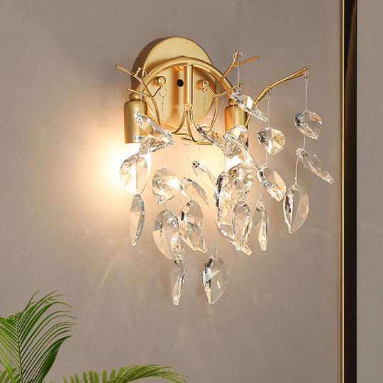 Modern Crystal Leaf Wall Sconce With Gold Finish - 2 Bulbs For Porch Lighting