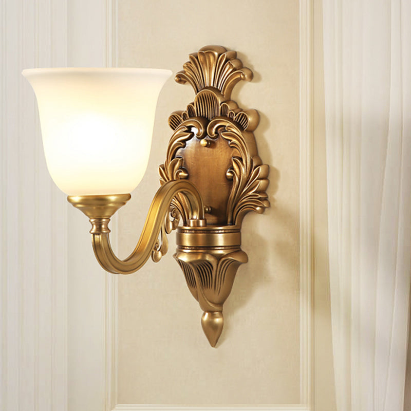 Traditional Milk Glass Bell Wall Light Fixture - 1/2-Head Brass Mount Lighting For Living Room