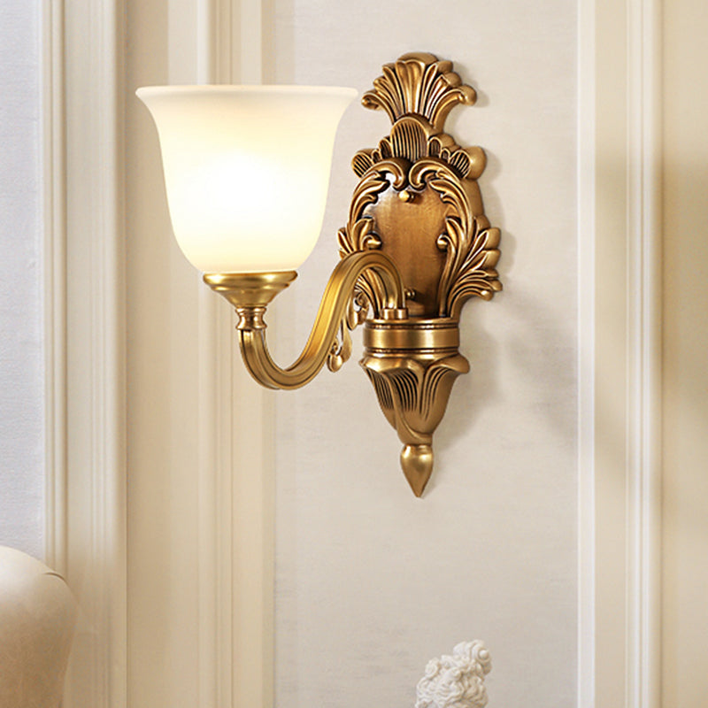 Traditional Milk Glass Bell Wall Light Fixture - 1/2-Head Brass Mount Lighting For Living Room