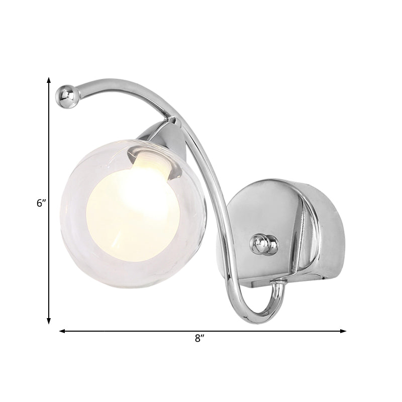 Modern Clear Glass Wall Lamp With Led Light In Chrome - Bedroom Sconce Curved Arm