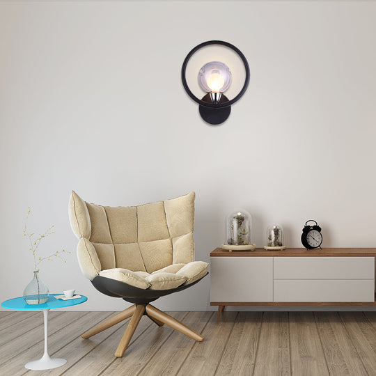 Modern Black/White Ring Wall Sconce Lamp With Glass Ball Shade Black