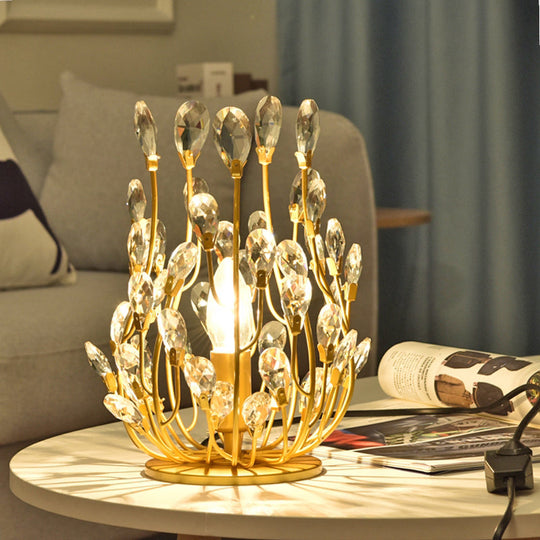 1 Gold Table Lamp With Swirled Arm Crystal Teardrops: Contemporary Bedchamber Night Light