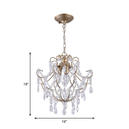 Contemporary Gold Chandelier With 3 Crystal Stands - Elegant Living Room Suspension Lighting