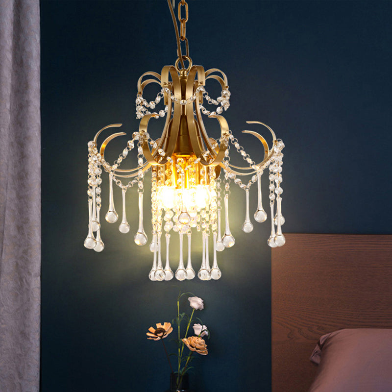 Modern Curvy Arm Crystal Beads Ceiling Pendant Chandelier Lamp In Gold - 3 Bulbs For Bedchamber