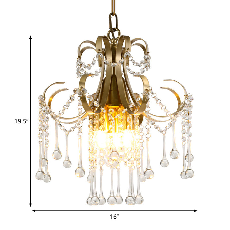 Gold Crystal Beads Chandelier with Curvy Arm Design - 3-Bulb Modern Ceiling Pendant Lamp for the Bedchamber