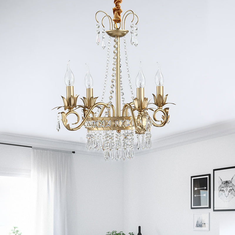 Crystal Prism 4-Light Gold Chandelier Pendant For Sleep-Friendly Candle-Lit Ambiance In Traditional
