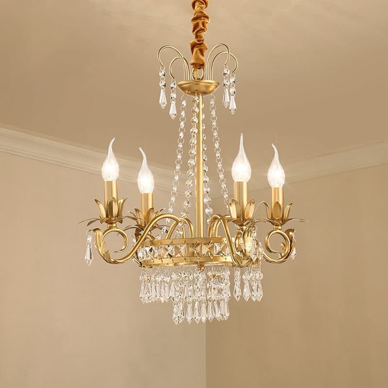 Crystal Prism 4-Light Gold Chandelier Pendant For Sleep-Friendly Candle-Lit Ambiance In Traditional