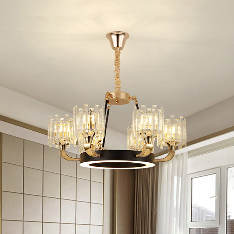Black & Gold 6-Bulb Pendant Chandelier - Traditional Crystal Cylinder Shade Ceiling Light