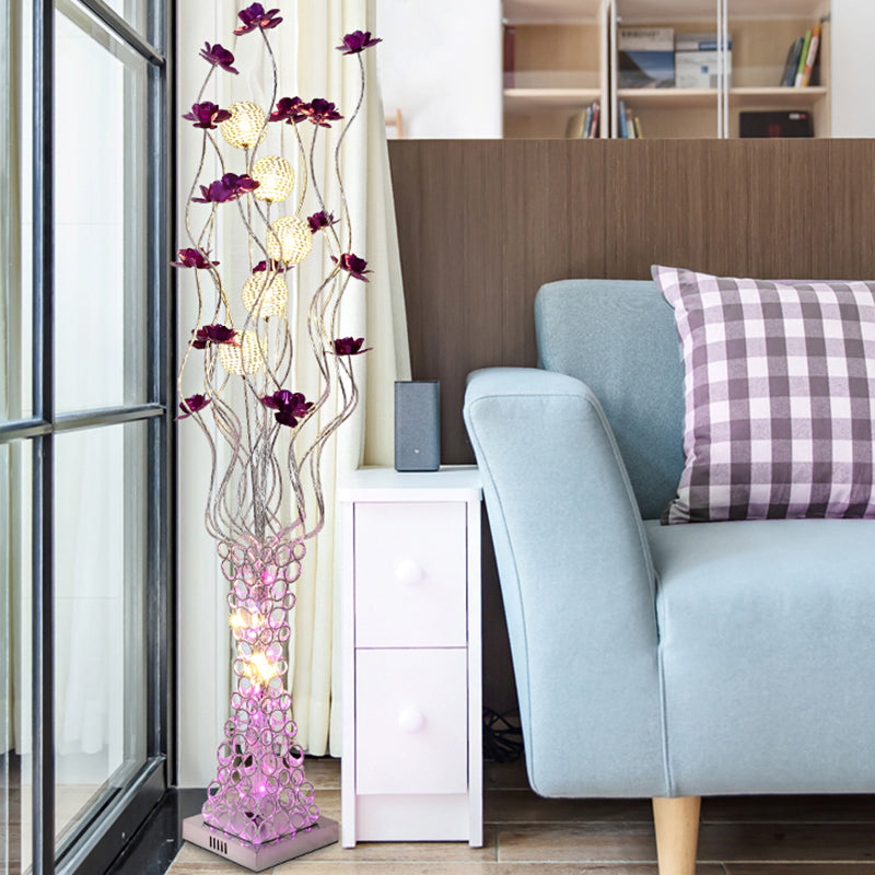 Metal Purple Floral Led Floor Reading Lamp With Hollowed Trapezoid Base - Standing Light Tree Branch