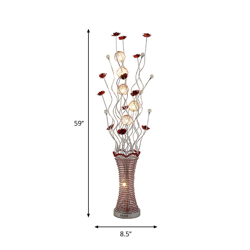 Stylish Led Vine Floor Lamp In Red - Pleated Vase Design Aluminum Construction Perfect For Reading