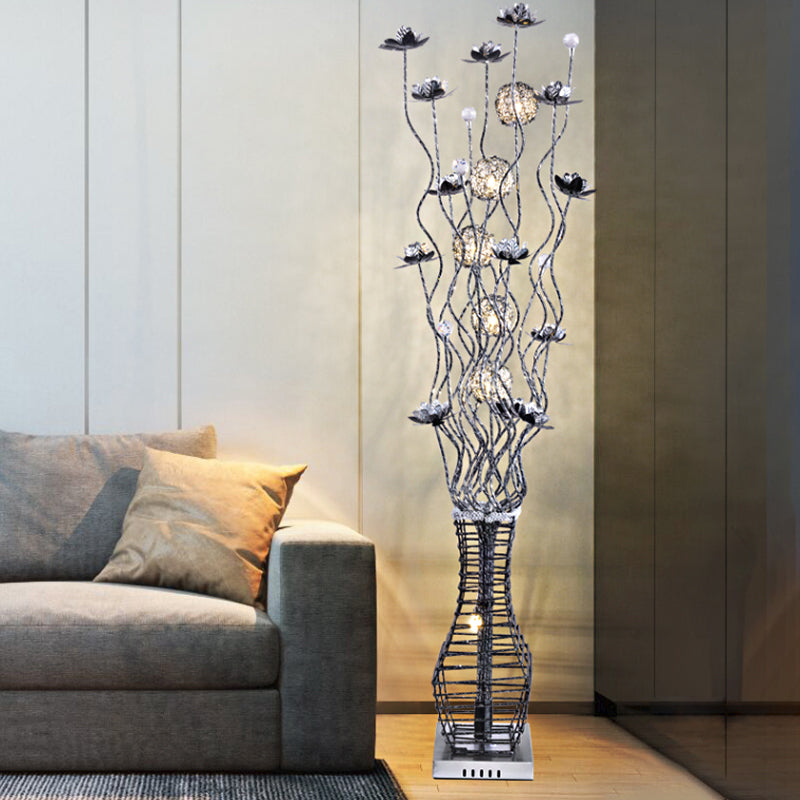 Aluminum Tree Branch Led Floor Lamp With Vase Pedestal - Stylish Bedside Light In Black And