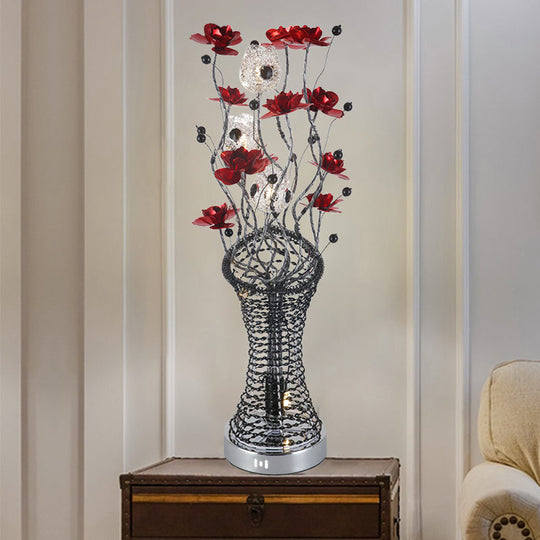 Twig Column Table Lamp - Decorative Aluminum Led Desk Lighting With Red And Black Floret Decor