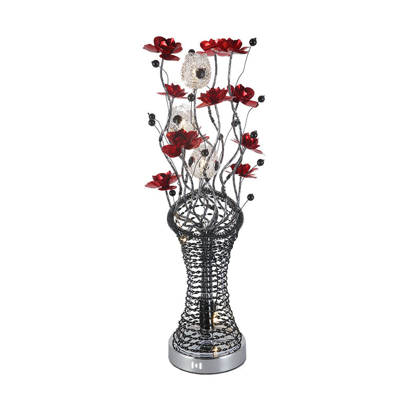Twig Column Table Lamp - Decorative Aluminum Led Desk Lighting With Red And Black Floret Decor