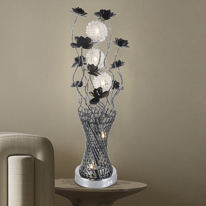 Martina - Cylinder LED Cylinder Vine Night Light Art Decor Black-Silver Metal Table Lighting with Blossom Detail for Bedside