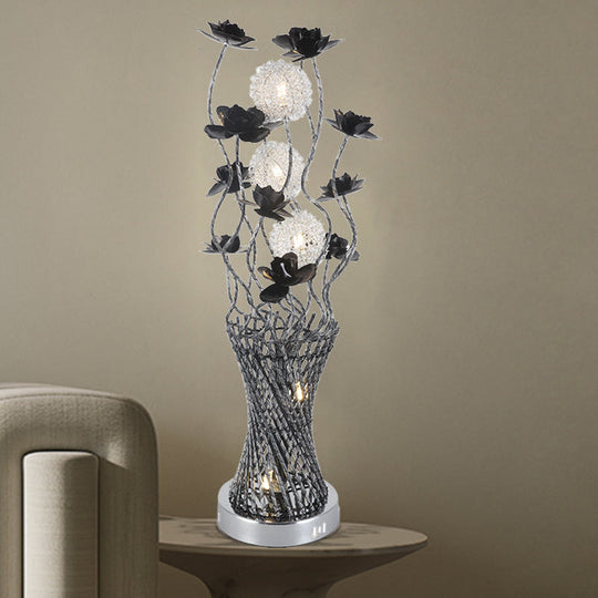 Led Cylinder Vine Night Light - Black-Silver Metal Table Lighting With Blossom Detail Bedside Decor