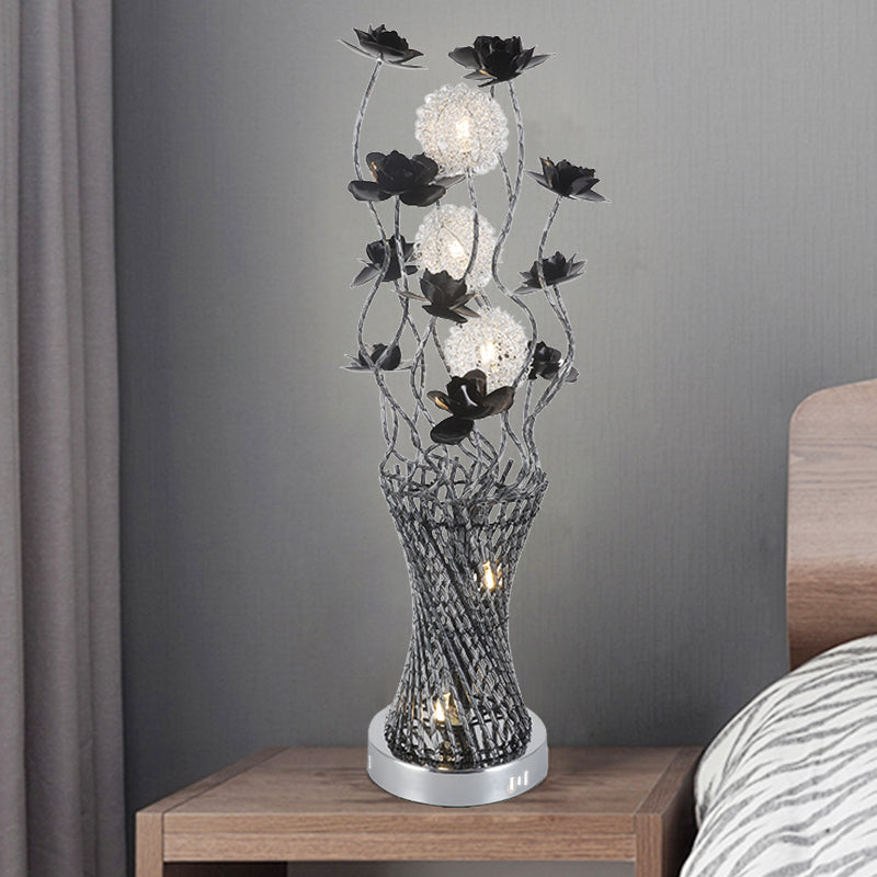 Martina - Cylinder LED Cylinder Vine Night Light Art Decor Black-Silver Metal Table Lighting with Blossom Detail for Bedside