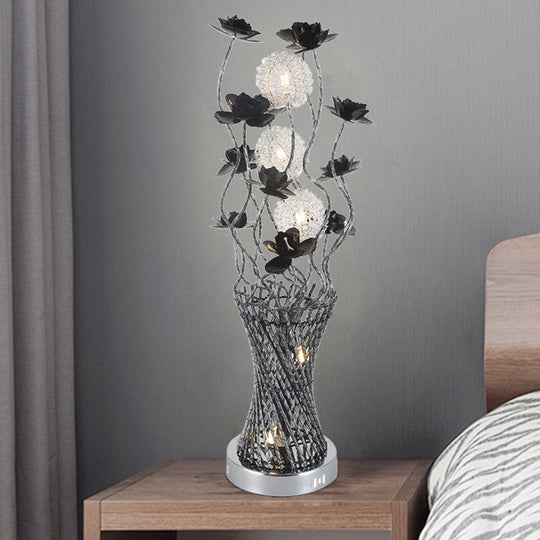 Led Cylinder Vine Night Light - Black-Silver Metal Table Lighting With Blossom Detail Bedside Decor