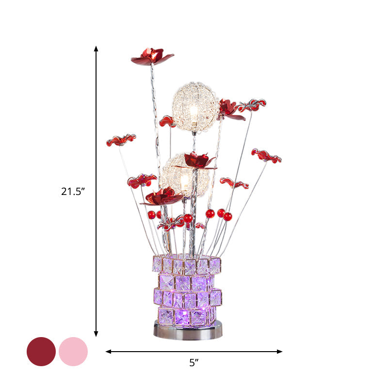 Ariana - Aluminum Aluminum Rubik's Cube Desk Lamp Art Decor Drawing Room Crystal Embedded LED Night Table Light with Pink/Red Blossom Decor