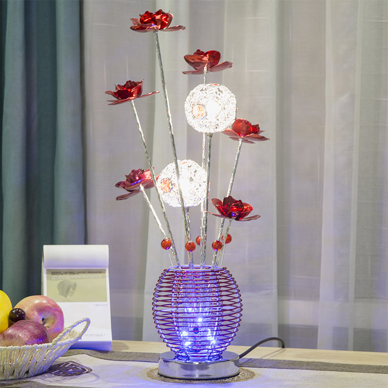 Spherical Led Rose Table Lamp: Pink/Red Aluminum Decorative Nightstand Light For Bedroom Red