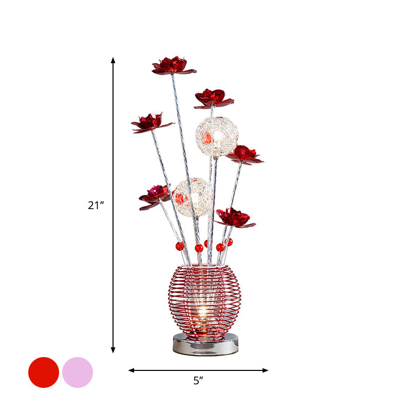 Spherical Led Rose Table Lamp: Pink/Red Aluminum Decorative Nightstand Light For Bedroom