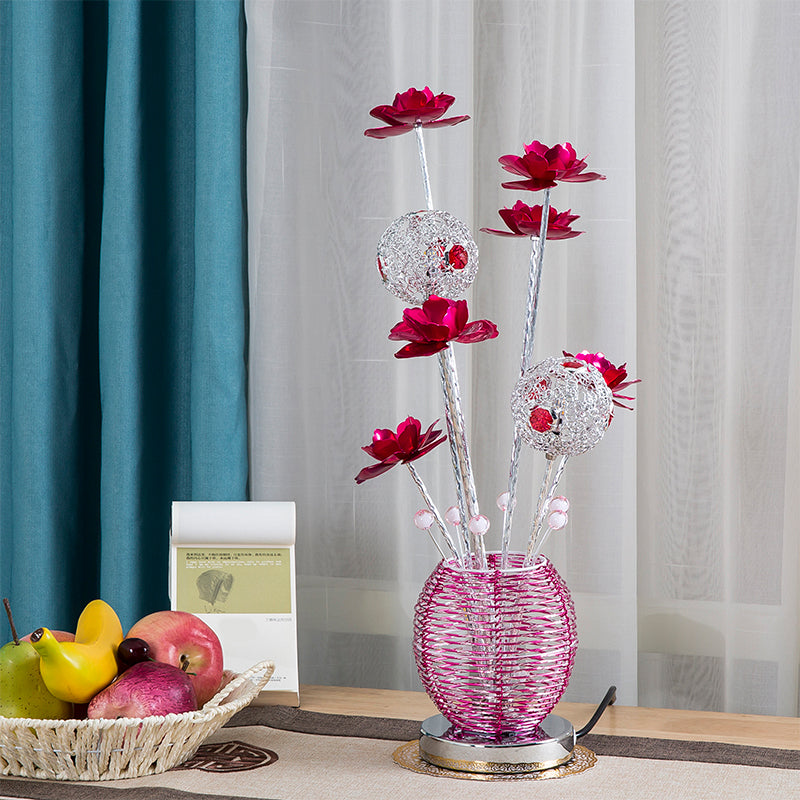 Spherical Led Rose Table Lamp: Pink/Red Aluminum Decorative Nightstand Light For Bedroom Pink