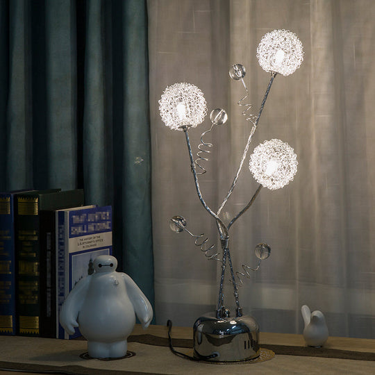 Silver Metal Desk Lamp: Branching Led Art Decor Night Table Light With Dandelion And Modo Detail