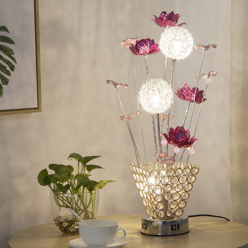 Stella - Golden Art Decor Rose and Dandelion Night Light LED Ironic Desk Lighting with Inserted Crystal Vase in Gold