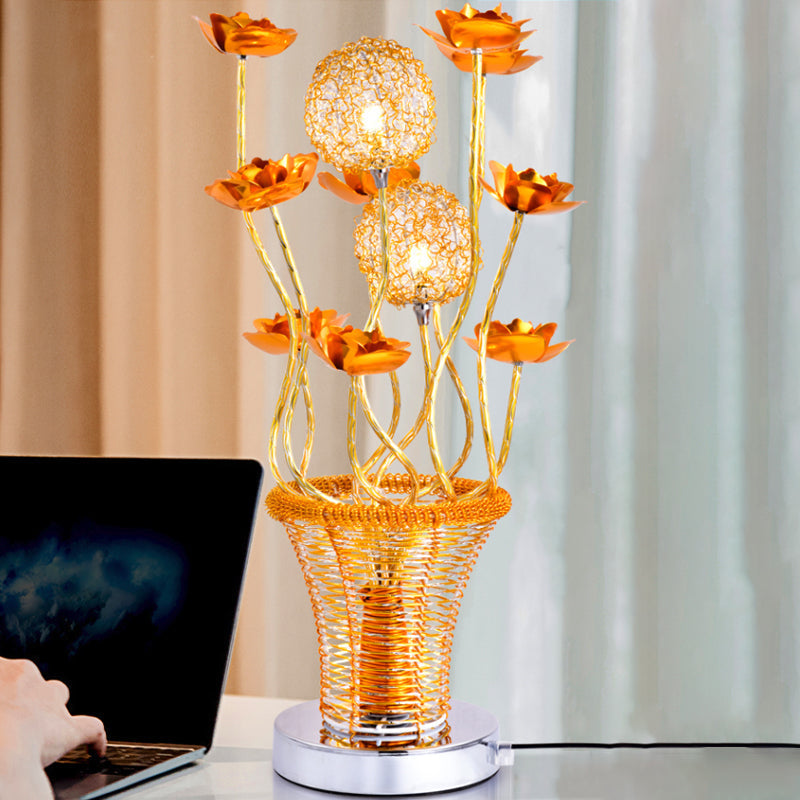 Zoey - Aluminum Basket-Like Aluminum Desk Light Art Decor Bedside LED Vine Night Table Lamp with Blossom and Orb Decor in Gold/Silver