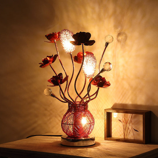 Red Led Flower Lamp With Entwining Metal Branch And Jar Base - Nightstand Décor Table Lighting